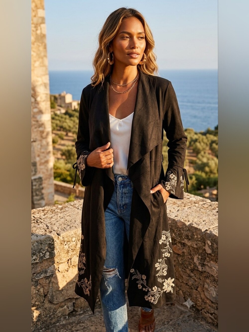 Aziza Black Embroidered Suede Duster Waterfall Jacket Women's Large & X-Large